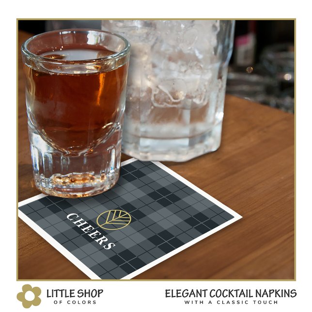 Elegant svart guld Tartan Plaid Monogram Pappersservett (Skapare uppladdad)