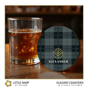 Elegant svart guld tartan-rutig monogram underlägg papper rund