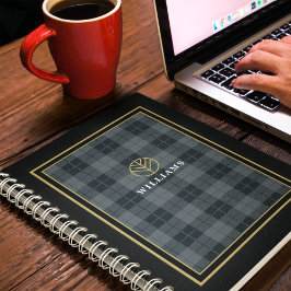 Elegant svart guld tartanrutig monogram anteckningsbok