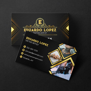 Elegant svart & guld Tattoo Artist Salong Foto Visitkort