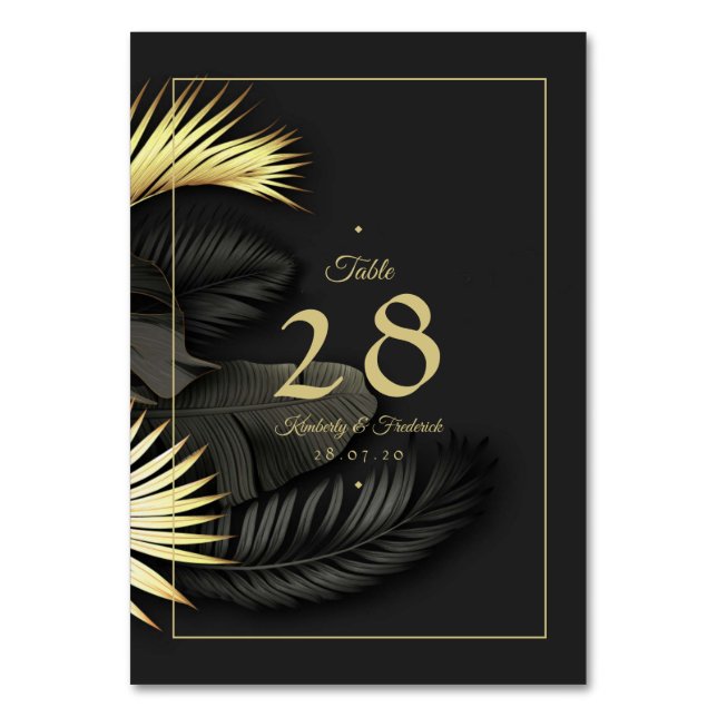 Elegant svart & guld tropiskt blad bröllop bordsnummer (Framsidan)