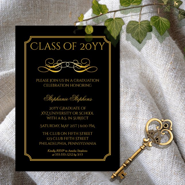 Elegant svart | GULD UNIVERSITETEN STUDENTFEST I Magnetisk Inbjudningskort (Elegant Black and Gold Tone College | University Graduation Announcement Party Magnetic Invitation)