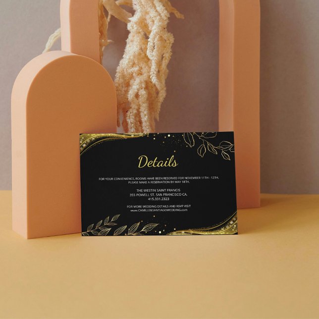 Elegant svart guld vigselring blad design detaljer tilläggskort (Skapare uppladdad)