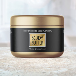 Elegant svart, guld, vit body butter-burketikett vattenflaska etikett