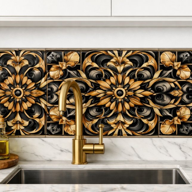 Elegant svart guldaccent kakelplatta (“Art Deco gold tile brings 1920s elegance to modern kitchens bold symmetry, timeless luxury.”)