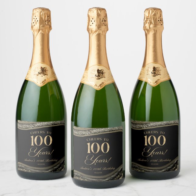 Elegant svart guldagate 100-års födelsedagsfest (Flaskor)