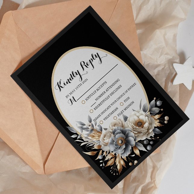 Elegant svart guldblommig bröllops-RSVP-kort OSA Kort (Elegant Black Gold Floral Wedding RSVP Card)