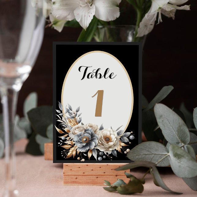 Elegant svart guldblommig bröllopsbord nummer bordsnummer (Elegant Black Gold Floral Wedding Table Number Card)
