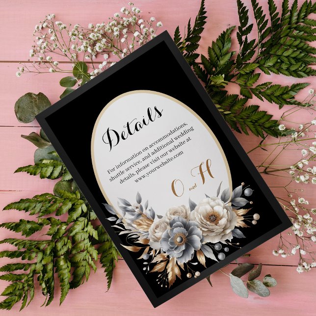 Elegant svart guldblommig bröllopsföljekort tilläggskort (Elegant Black Gold Floral Wedding Enclosure Card)