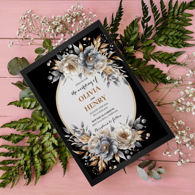 Elegant svart guldblommig bröllopsinbjudan inbjudningar (Elegant Black Gold Floral Wedding Invitation)