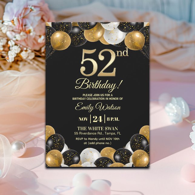 Elegant svart guldglitter 52-årsfest inbjudningar (Skapare uppladdad)