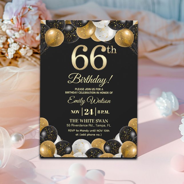 Elegant svart guldglitter 66-års födelsedagsfest inbjudningar (Skapare uppladdad)