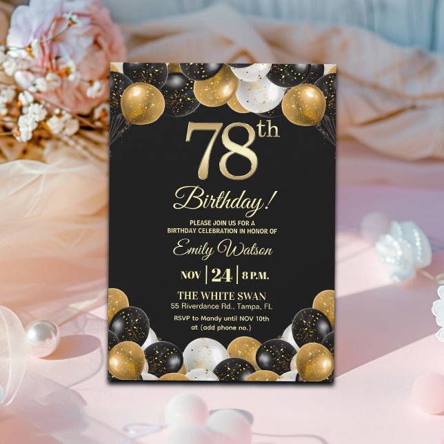 Elegant svart guldglitter 78-årsdag  inbjudningar (Skapare uppladdad)