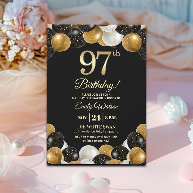 Elegant svart guldglitter 97-årsdag inbjudningar (Skapare uppladdad)