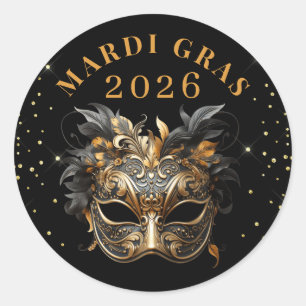 Elegant svart guldglitter Mardi Gras 2026 Runt Klistermärke
