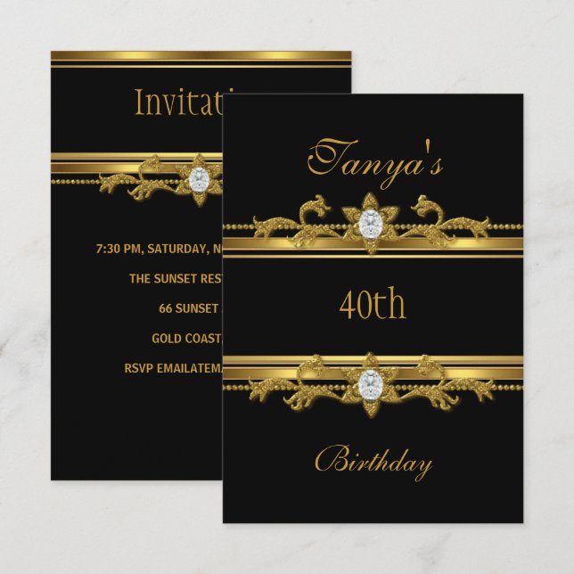 Elegant svart guldjuvel 40-årsdag inbjudningar (Fram/baksida)