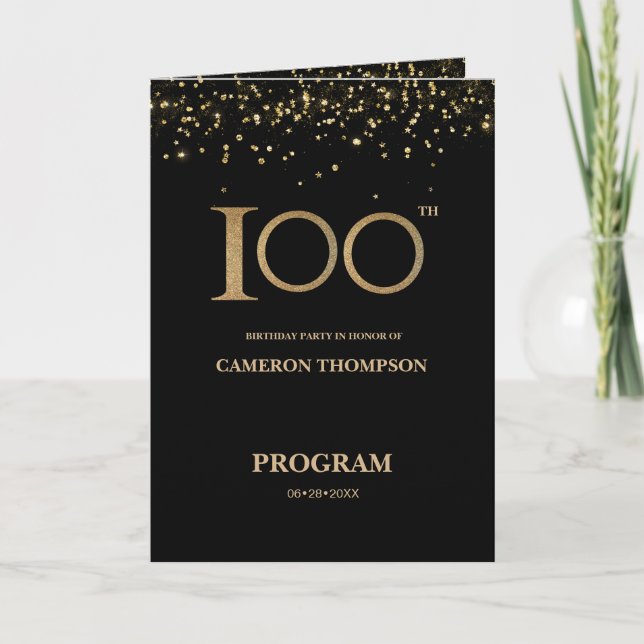 Elegant svart guldkonfetti Anpassad 100-årsdag  Program (Framsida)