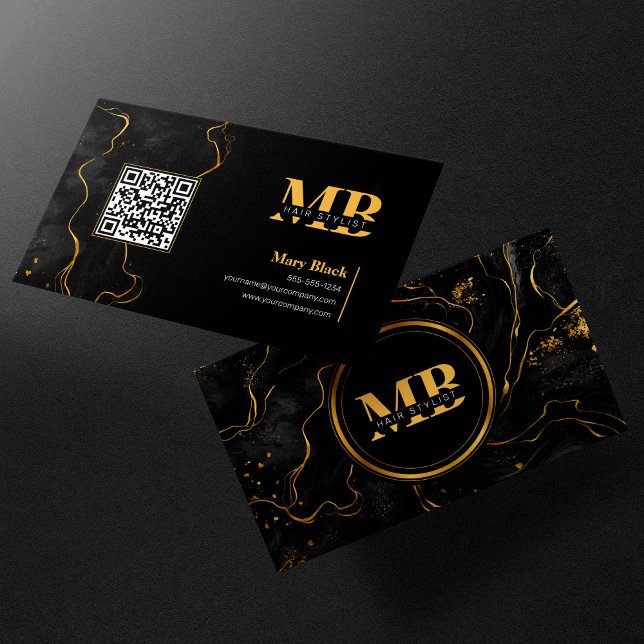 Elegant svart guldmarmor initial hår QR-kod Visitkort (Skapare uppladdad)