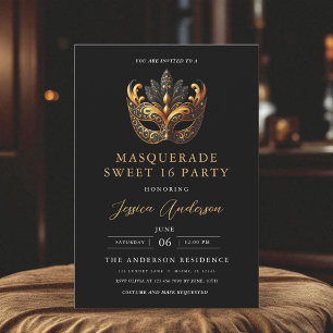 Elegant svart & guldmaskerad Sweet Sixteen Inbjudningar