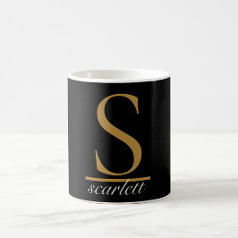 Elegant svart guldmonogram flickaktig script stilr kaffemugg