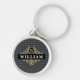 Elegant svart guldmonogram Glen Plaid Rund Silverfärgad Nyckelring