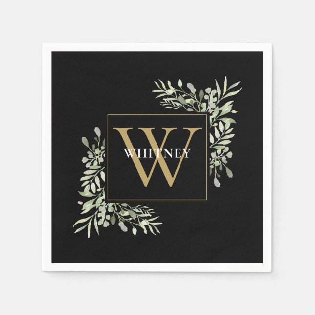 Elegant svart guldmonogram grönska blomster pappersservett (Framsidan)