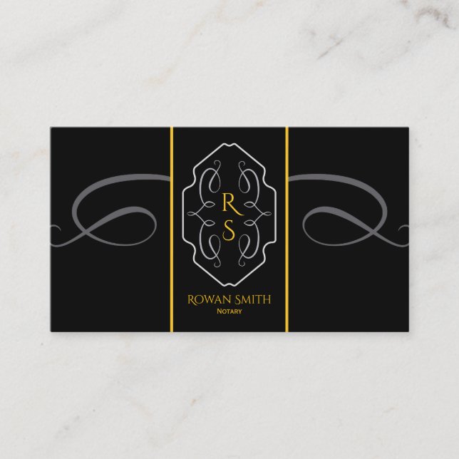 Elegant svart guldmonogram notarie visitkort (Framsida)