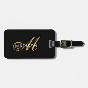 Elegant svart guldmonogram skript initial bagagebricka