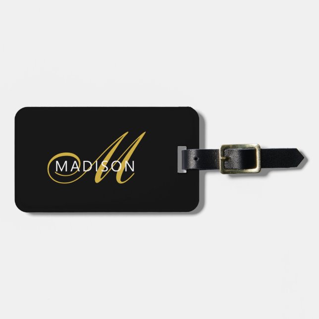 Elegant svart guldmonogram skript initial  bagagebricka (Horisontell Framsida)