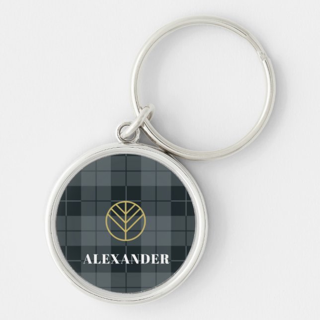 Elegant svart guldmonogram Tartan-rutig Rund Silverfärgad Nyckelring (Framsidan)