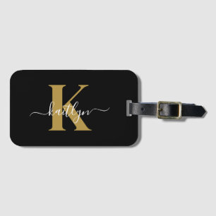 Elegant svart guldskriftmonogram bagagebricka