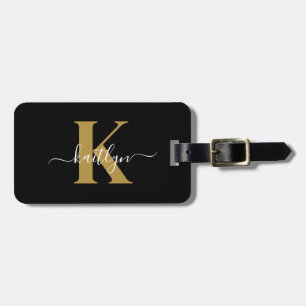 Elegant svart guldskriftmonogram bagagebricka