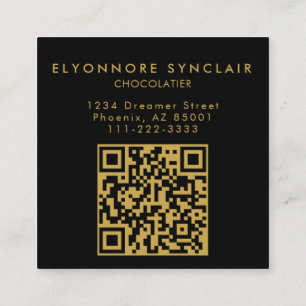 Elegant svart guldskript Chocolatier Foto QrCode Fyrkantigt Visitkort