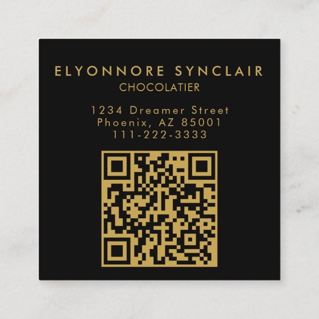 Elegant svart guldskript Chocolatier Foto QrCode Fyrkantigt Visitkort (Baksida)