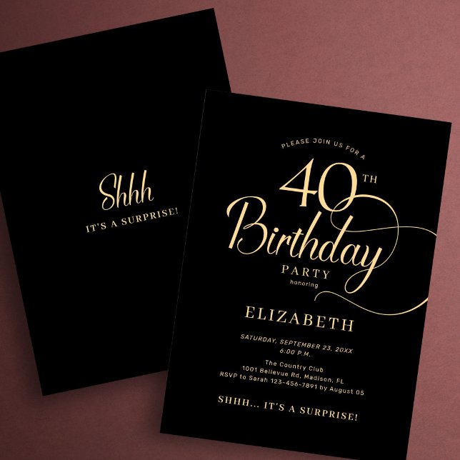 Elegant svart guldskript Överraskning 40-årsdag Inbjudningar (Skapare uppladdad)