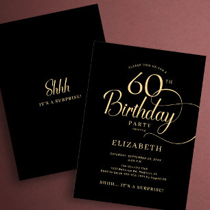 Elegant svart guldskript Överraskning 60-årsdag Inbjudningar