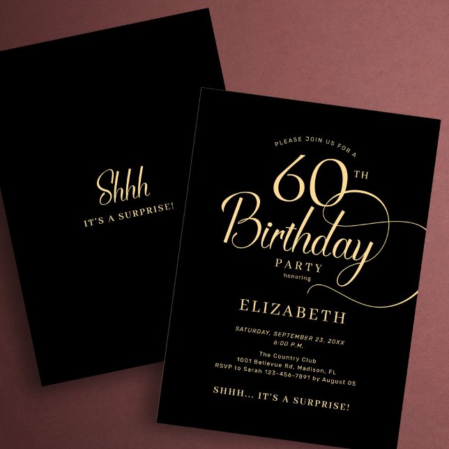 Elegant svart guldskript Överraskning 60-årsdag Inbjudningar (Skapare uppladdad)