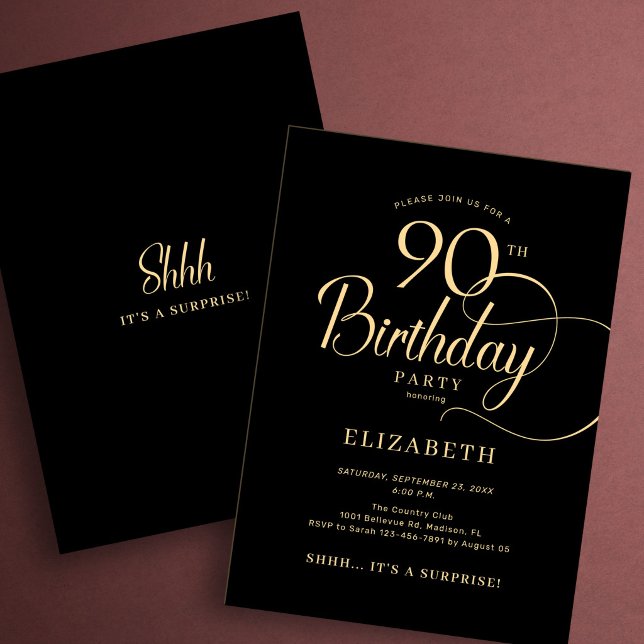 Elegant svart guldskript Överraskning 90-årsdag Inbjudningar (Skapare uppladdad)