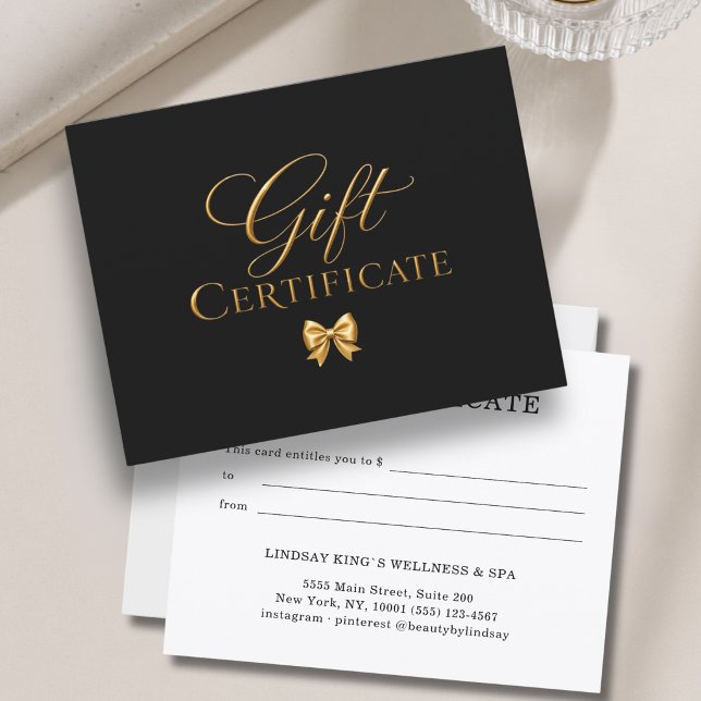 Elegant svart guldslinga presentkort (Elegant Black Gold Bow Gift Certificate)