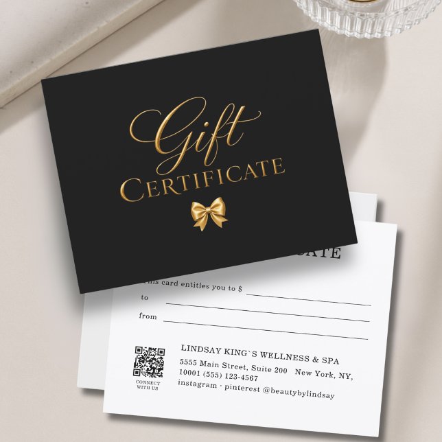 Elegant svart guldslinga presentkort (Elegant Black Gold Bow Gift Certificate)