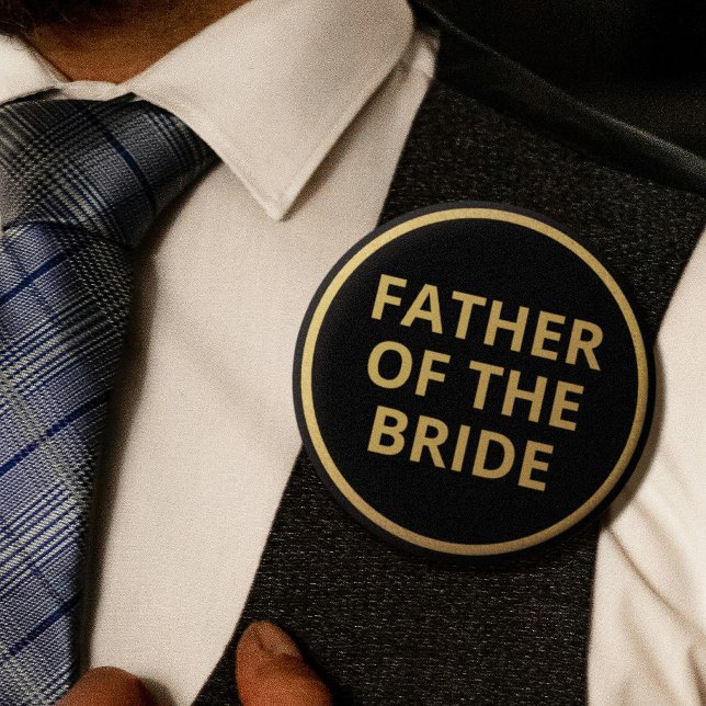 Elegant svart guldtext bröllop far till bruden knapp (Elegant Black Gold Text Wedding Father of Bride Button)