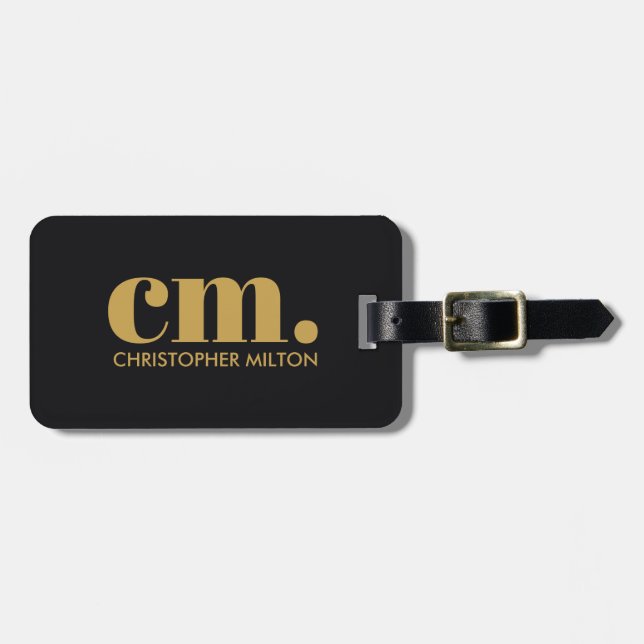 Elegant svart gyllene fet monogram bagagebricka (Horisontell Framsida)