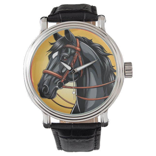 Elegant svart hästporträtt armbandsur (Framsida)