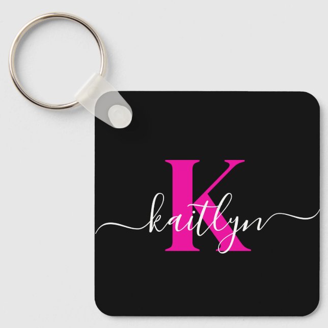 Elegant svart het rosa scriptmonogram nyckelring (Framsida)