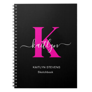 Elegant svart hot pink scriptmonogram anteckningsbok