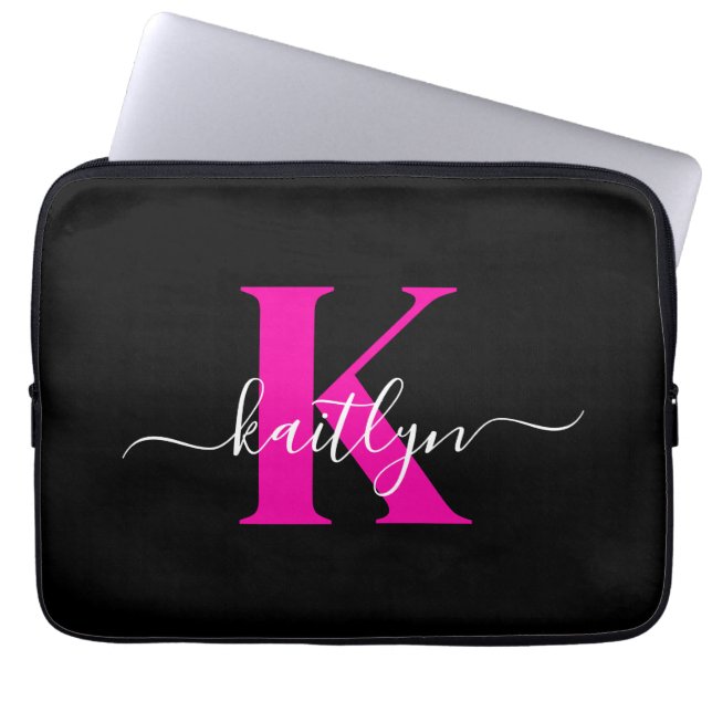 Elegant svart hot pink scriptmonogram laptop fodral (Framsidan)
