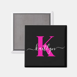 Elegant svart hot pink scriptmonogram magnet
