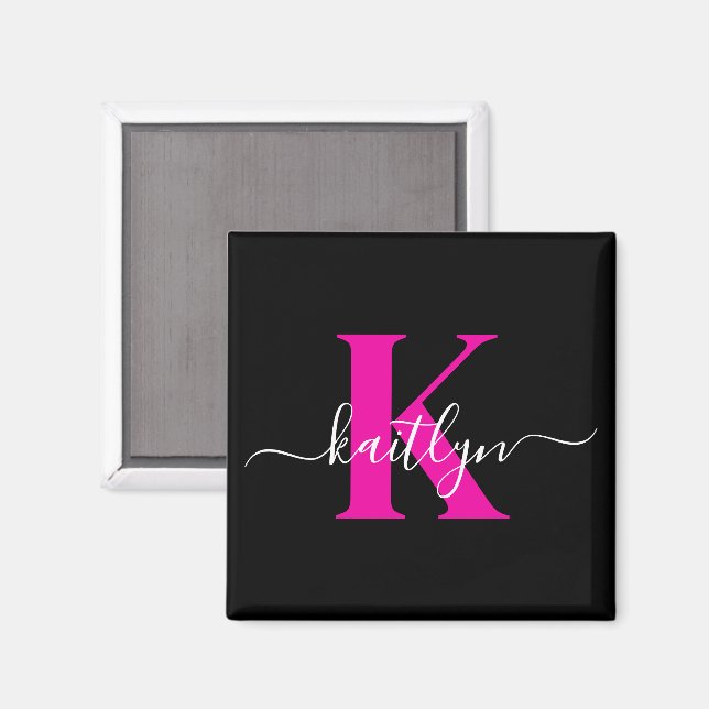 Elegant svart hot pink scriptmonogram magnet (Front/Back)