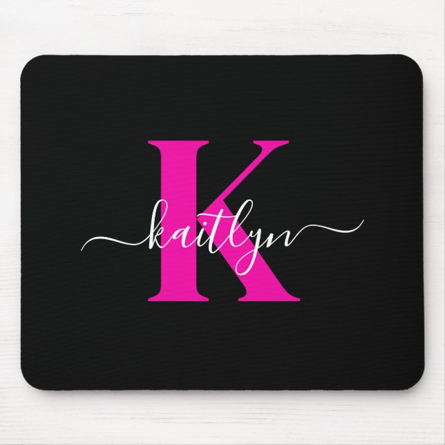 Elegant svart hot pink scriptmonogram musmatta (Framsidan)