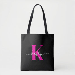 Elegant svart hot pink scriptmonogram tygkasse